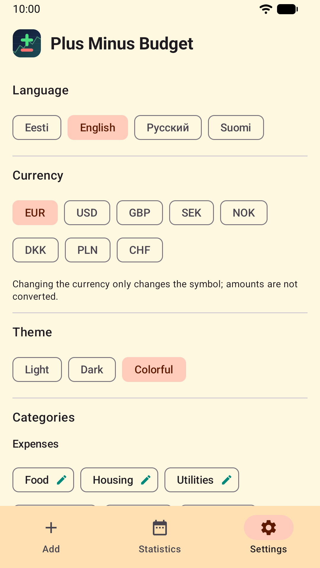 Settings with languages, currencies and themes